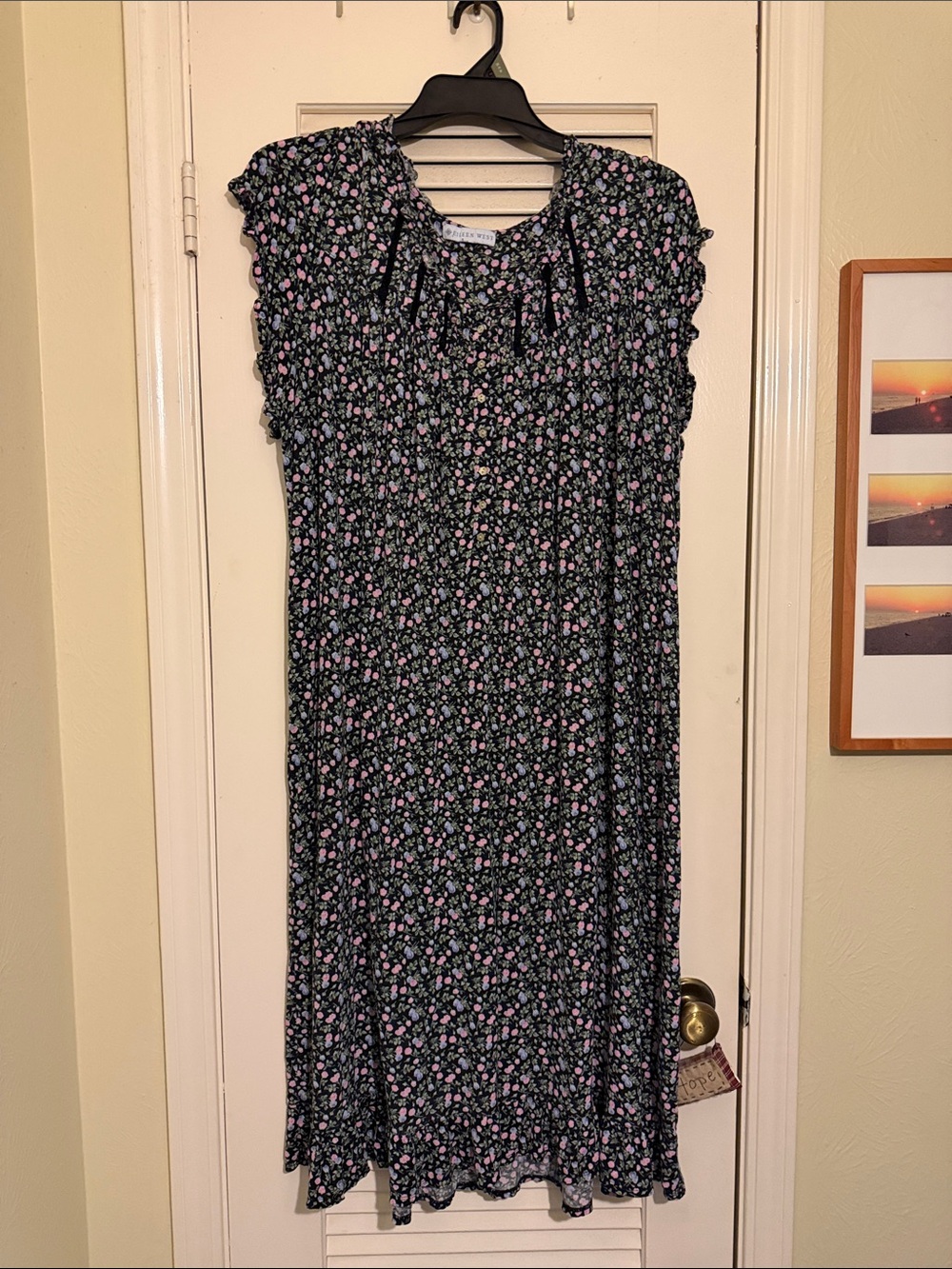 Eileen West Black Midi Dress with Pink & Light Blue Floral Print